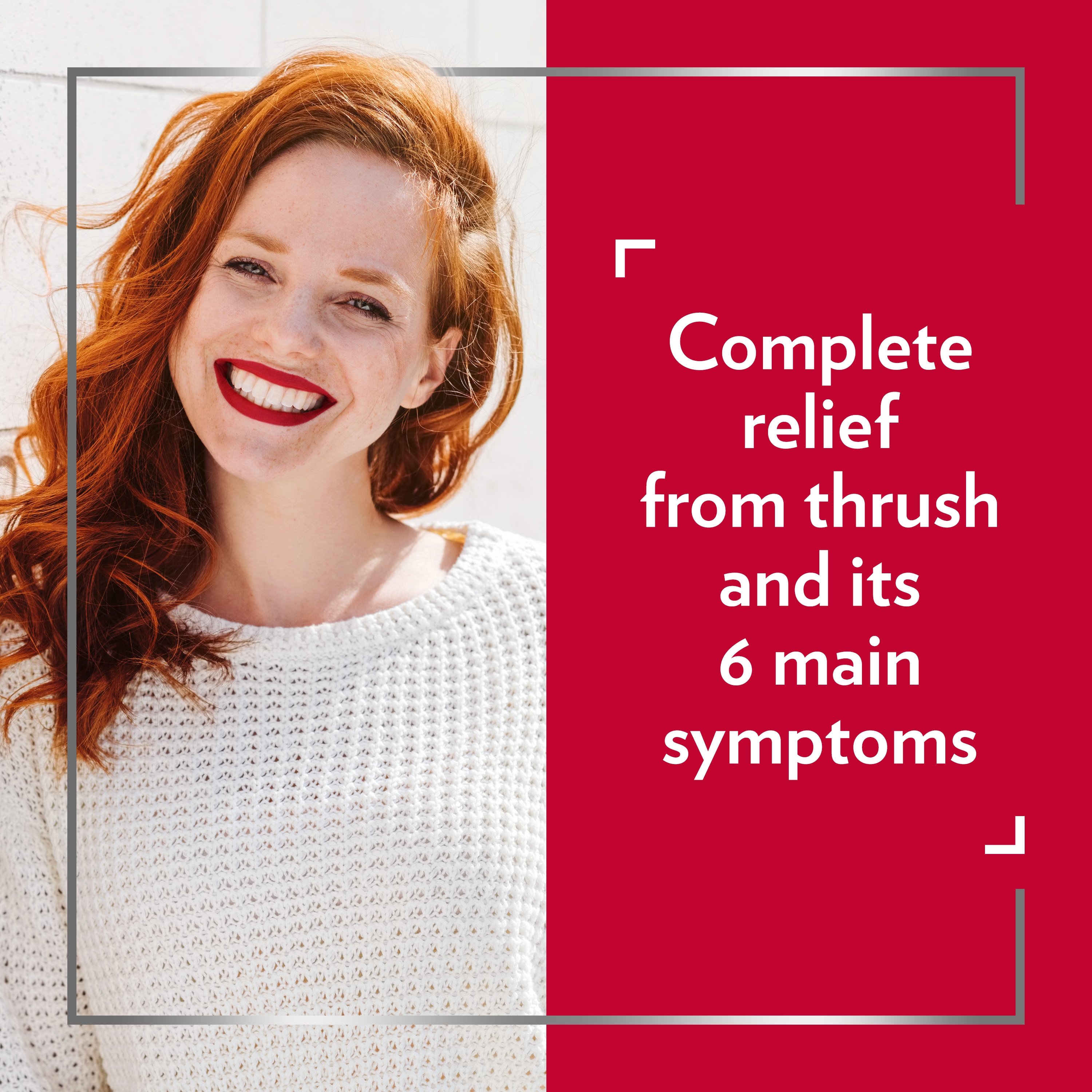 Smiling red-haired woman, with caption on the right side of picture: Complete relief from thrush and its 6 main symptoms