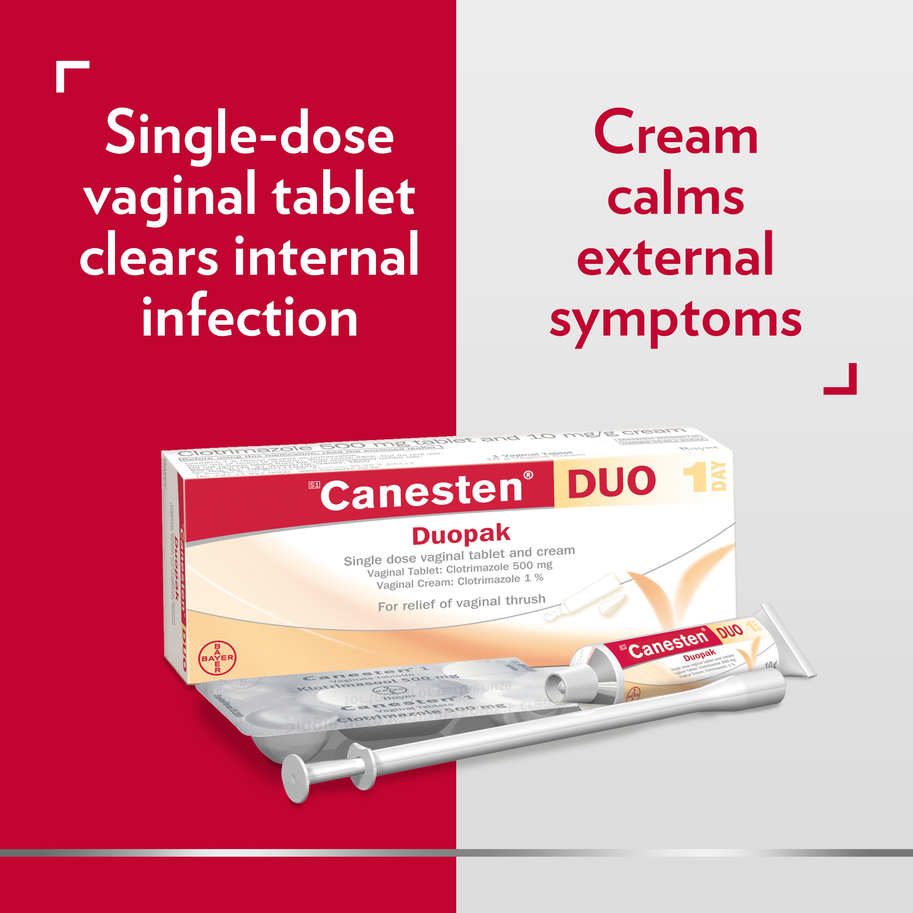 Canesten Thrush Combi Vaginal Tablet and External Cream with double caption: Left side: Single-dose vaginal tablet clears internal infection, right side: Cream calms external symptoms