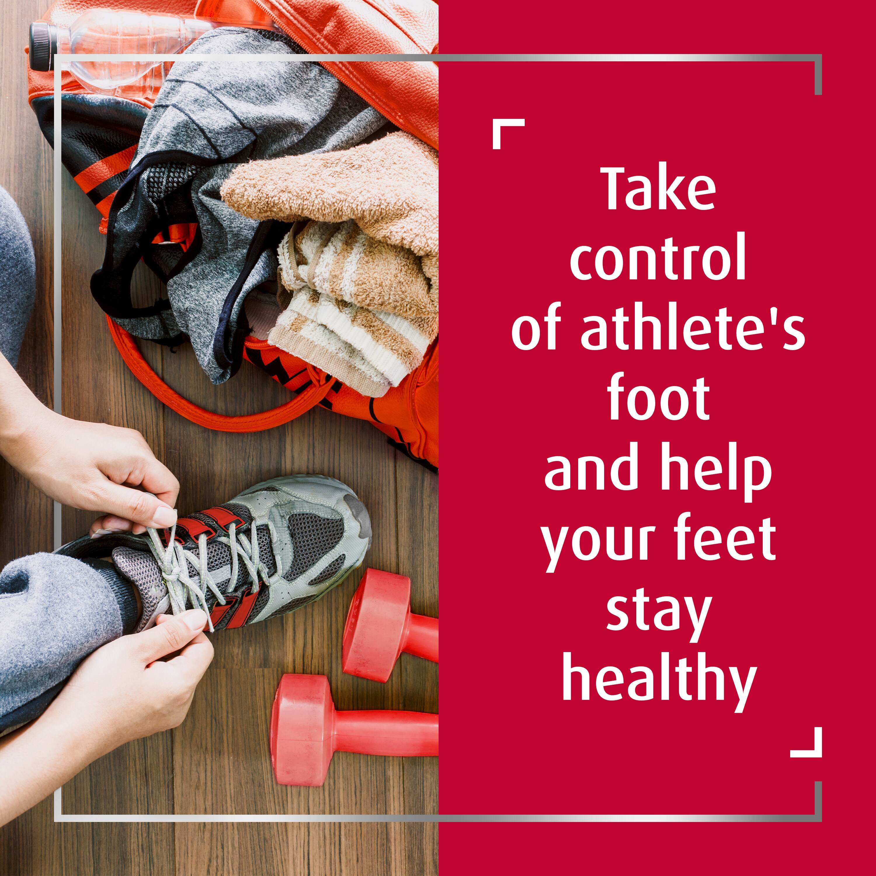 Active person tying grey shoe next to lying dumbbells in gym, with caption on the right: Take control of athlete’s foot and help your feet get healthy