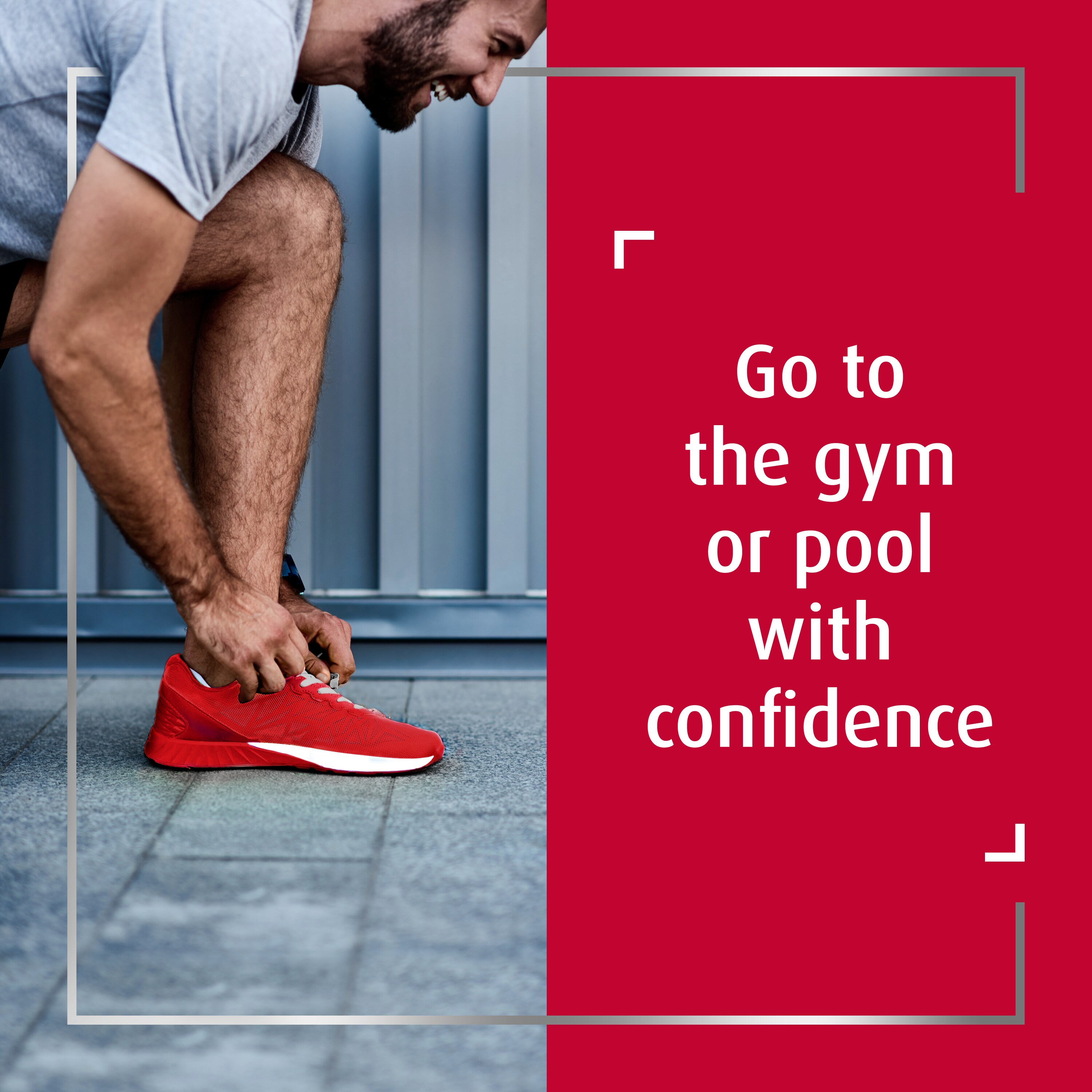 Smiling man in shorts tying red shoe, with caption on the right: Go to the gym or pool with confidence