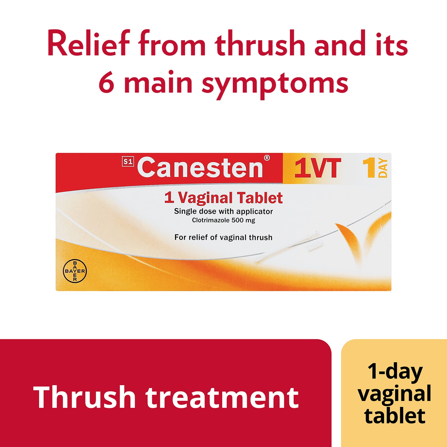 Thrush treatment: Canesten Thrush 500mg vaginal tablet, with caption on top: Complete relief from thrush and its 6 main symptoms