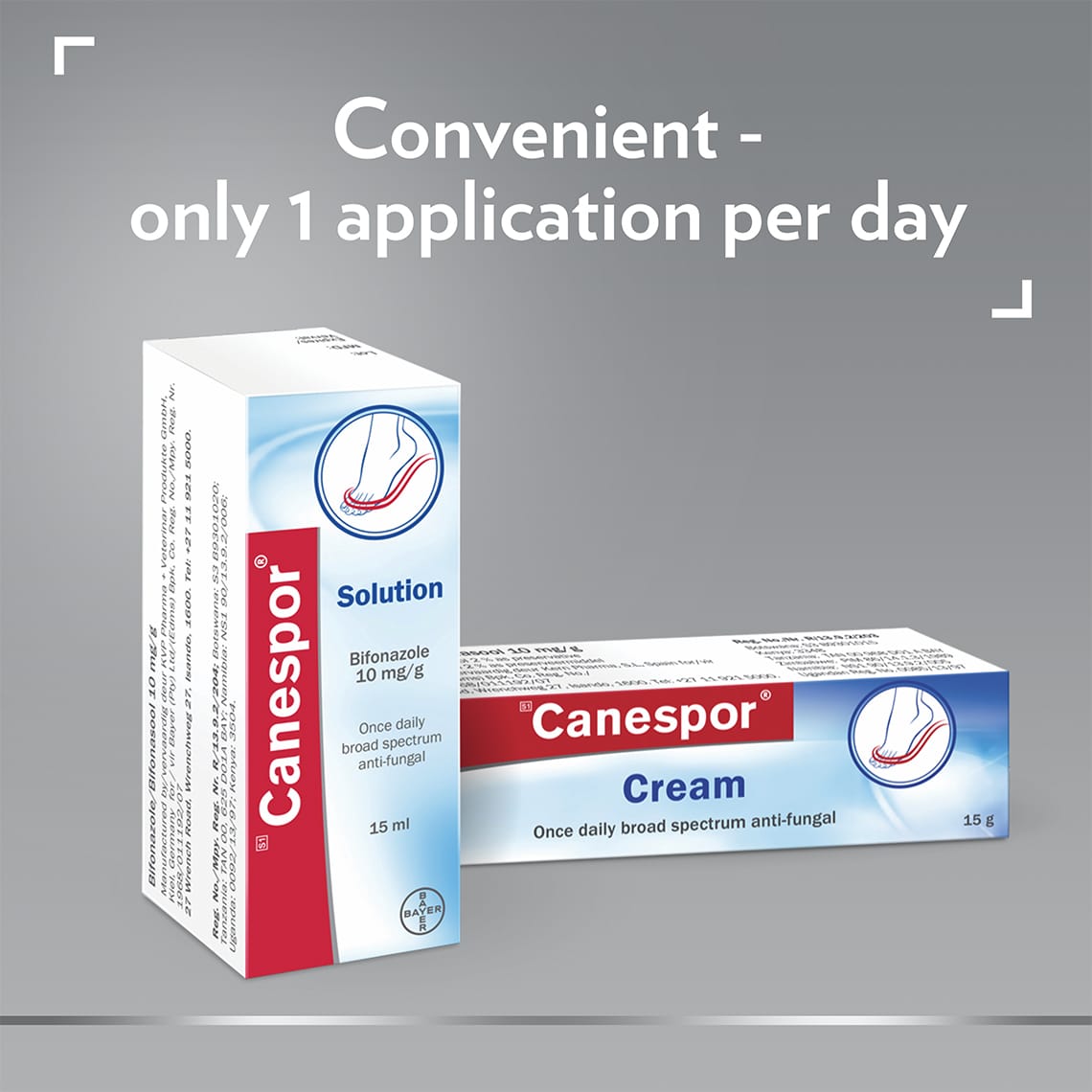 Canespor Bifonazole Cream and solution for athlete’s foot and skin fungus treatment, with caption on top: Convenient – only 1 application per day