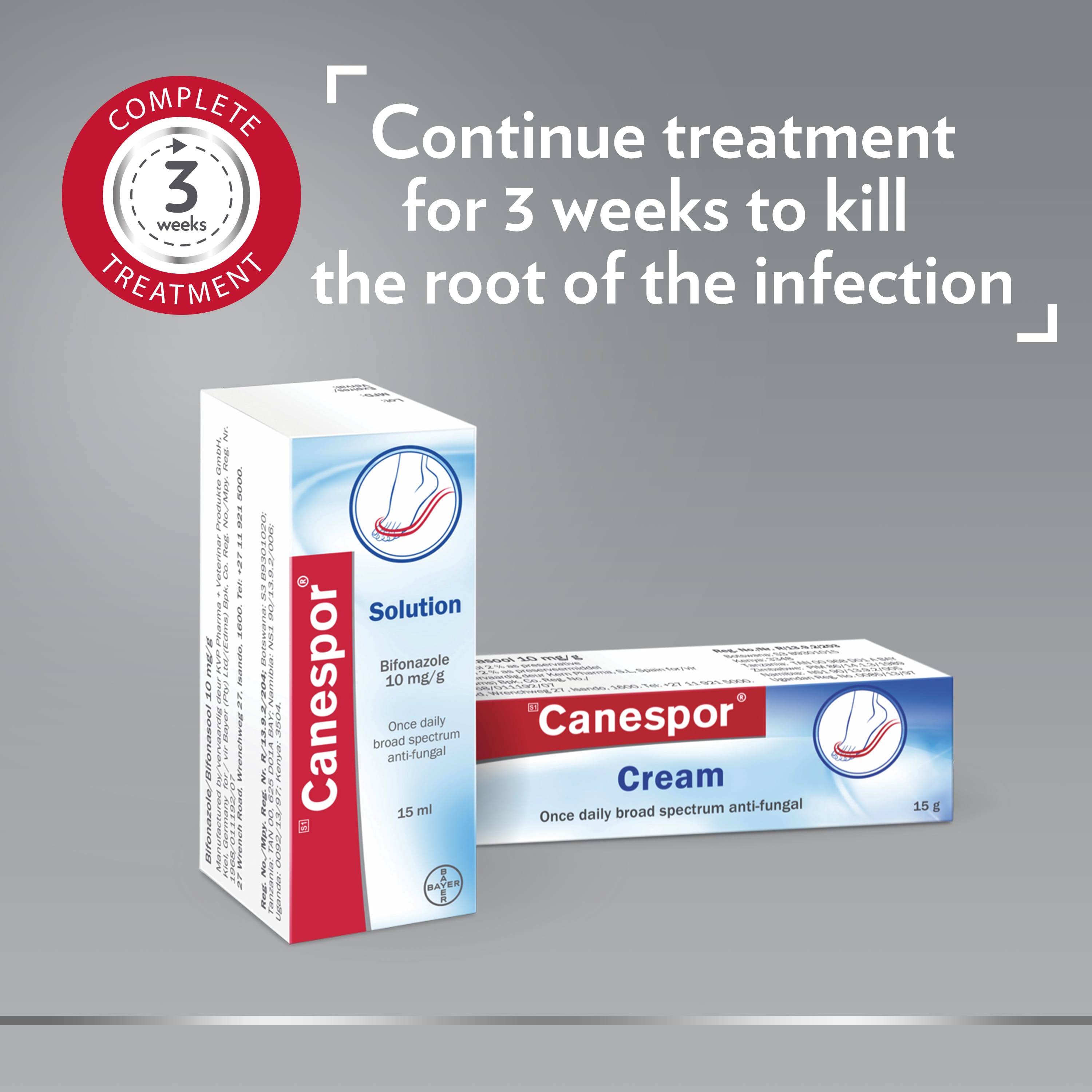 Canespor anti-fungal cream with Canesten badge: Complete 3 weeks treatment, and caption on the right: Continue treatment for 3 weeks to kill the root of the infection