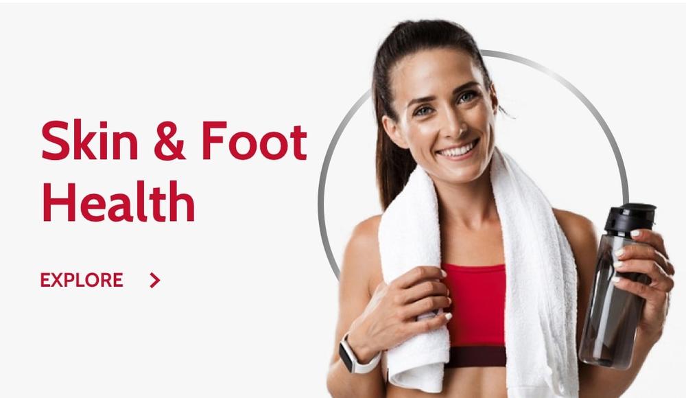 Happy woman before gym classes with white towel and bottle on light background with title Skin and foot health and click text link explore